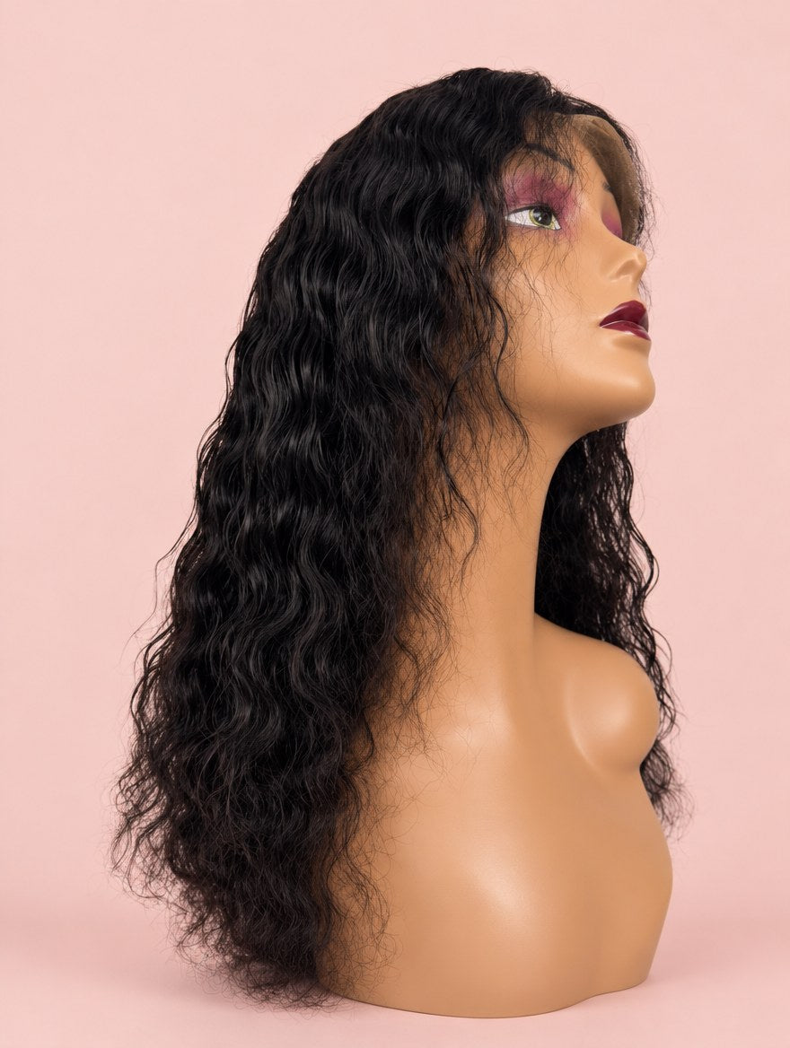 Super Double Drawn Natural Black Water Wave 13x4 Lace Frontal Wig 18"