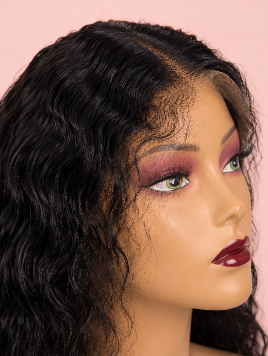 Super Double Drawn Natural Black Water Wave 13x4 Lace Frontal Wig 18" lace and hairline close-up