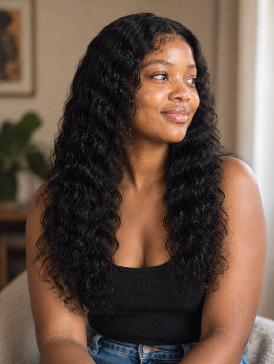 Super Double Drawn Natural Black Water Wave 13x4 Lace Frontal Wig 18" worn by a model
