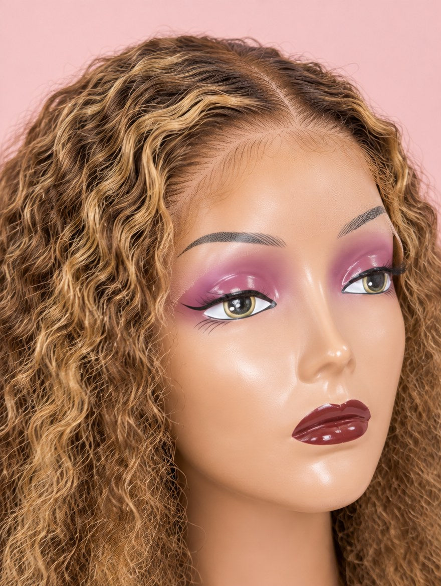 Super Double Drawn Honey Blonde Highlight Water Wave 13x4 Lace Frontal Wig 24" lace and hairline close-up