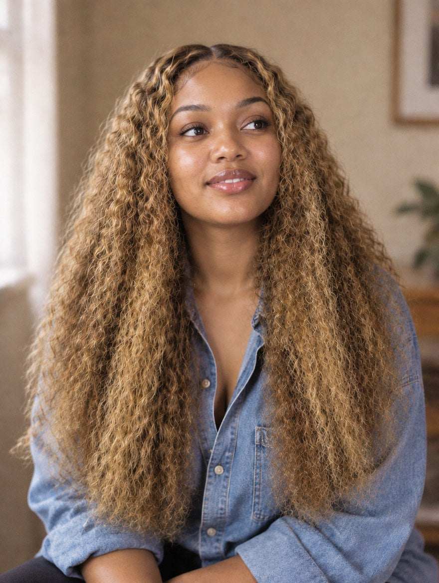 Super Double Drawn Honey Blonde Highlight Water Wave 13x4 Lace Frontal Wig 24" worn by a model