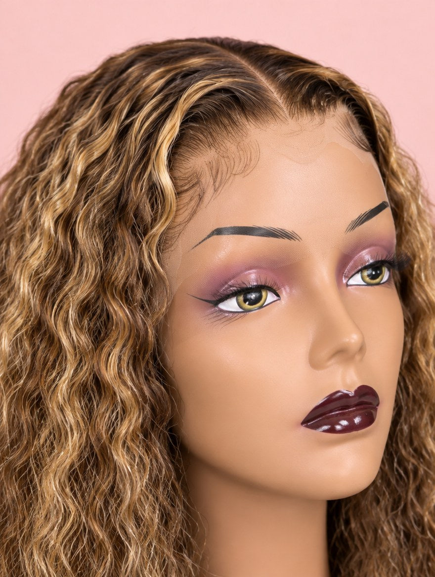Honey Blonde Highlight Water Wave 13x4 Lace Frontal Wig 32" lace and hairline close-up