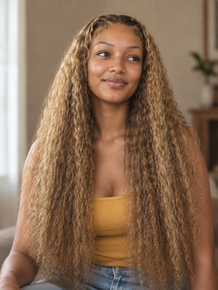 Honey Blonde Highlight Water Wave 13x4 Lace Frontal Wig 32" worn by a model