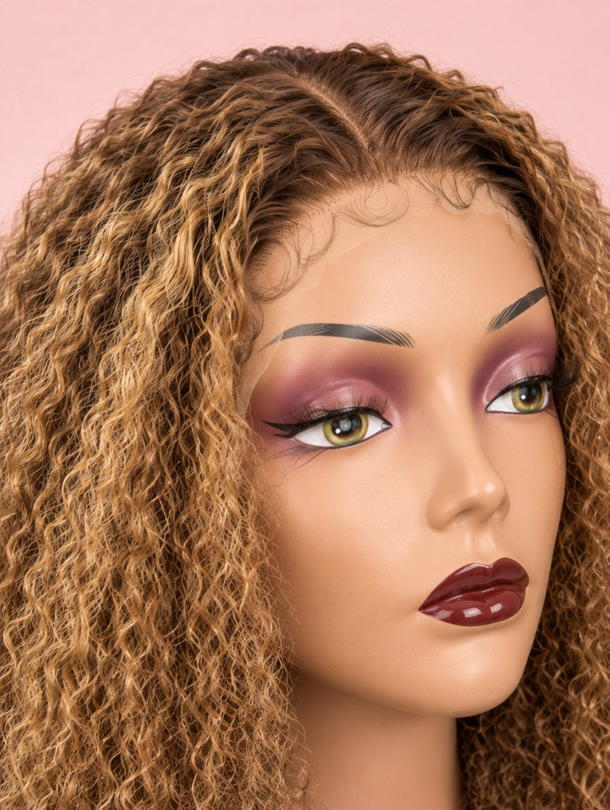Honey Blonde Highlight Baby Curl 13x4 Lace Frontal Wig 32" lace and hairline close-up