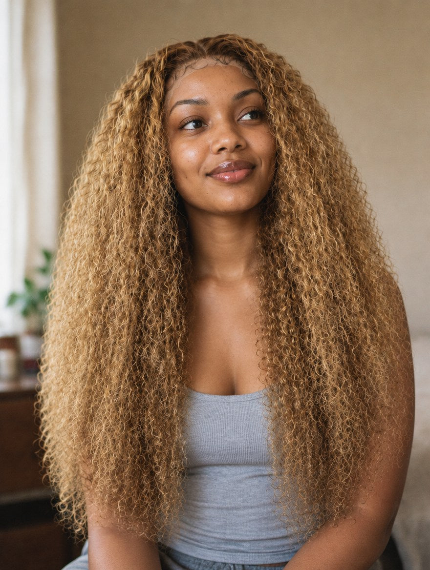 Honey Blonde Highlight Baby Curl 13x4 Lace Frontal Wig 32" worn by a model