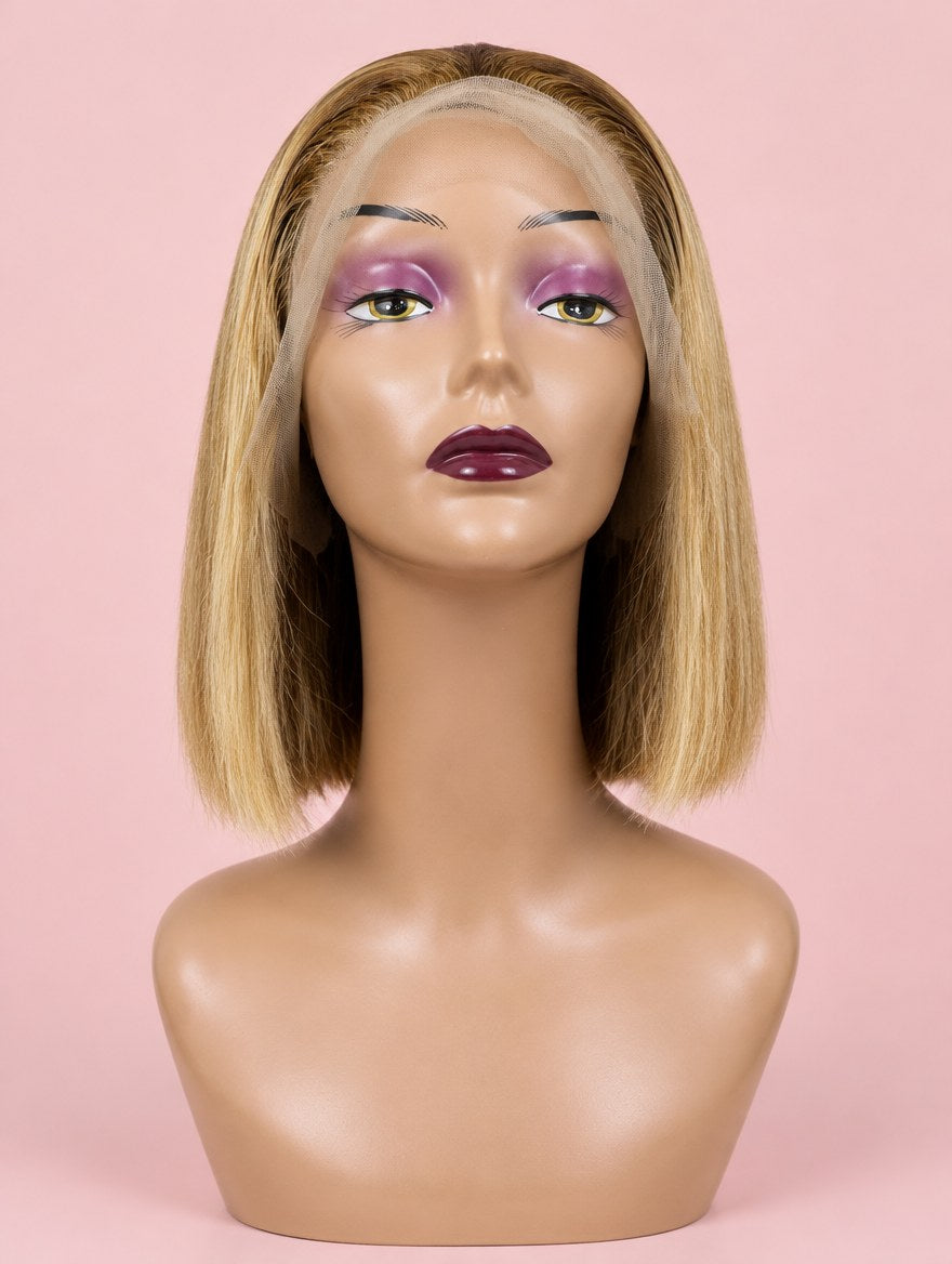 Honey Blonde Highlight Straight Bob 13x4 Lace Frontal Wig 8"