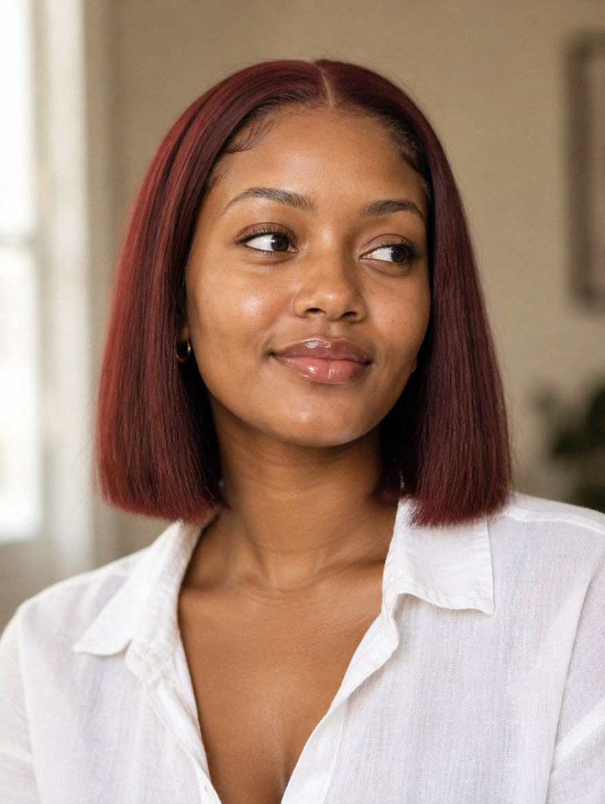Super Double Drawn Burgundy 99J Straight Bob 13x4 Lace Frontal Wig 8" worn by a model