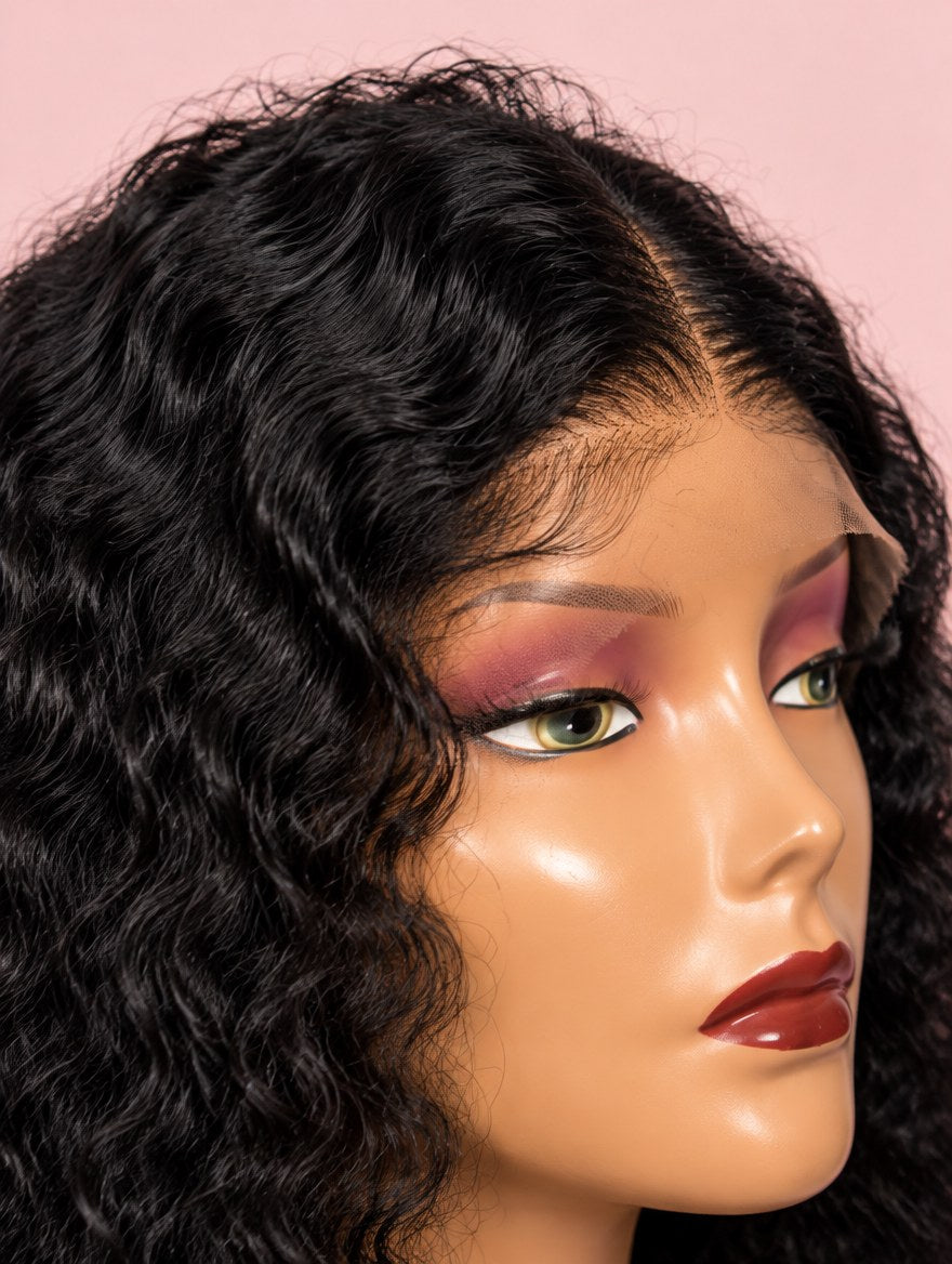 Super Double Drawn Vietnamese Natural Black Water Wave Lace Frontal Wig 22" lace and hairline close-up