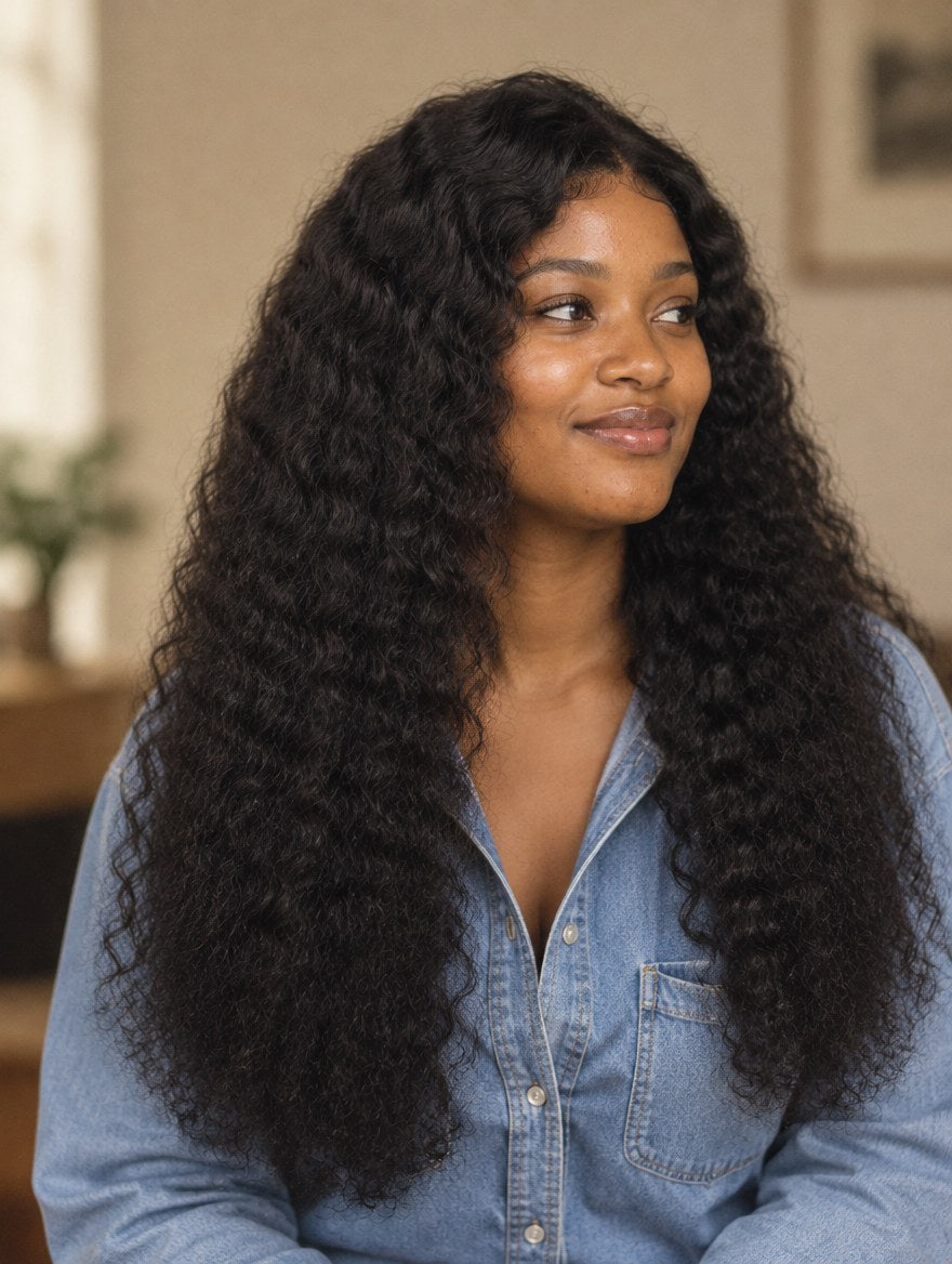 Super Double Drawn Vietnamese Natural Black Water Wave Lace Frontal Wig 22" worn by a model