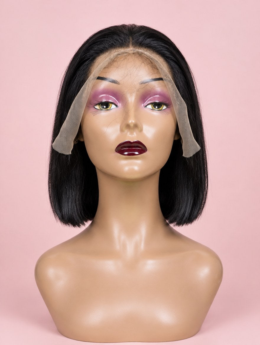 Super Double Drawn Natural Black Straight Bob 13x4 Lace Frontal Wig 8"