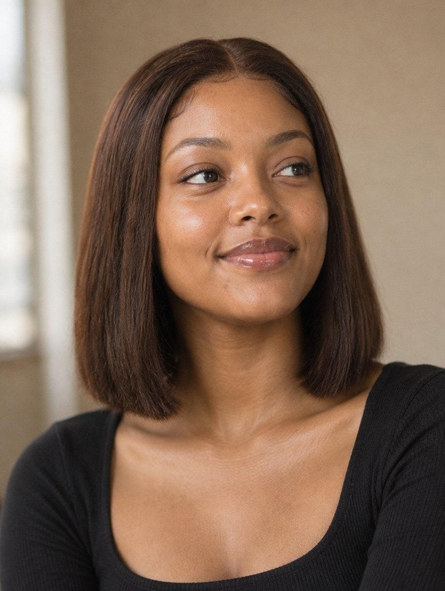 Chocolate Brown Straight Bob 13x4 Lace Frontal Wig 10" worn by a model