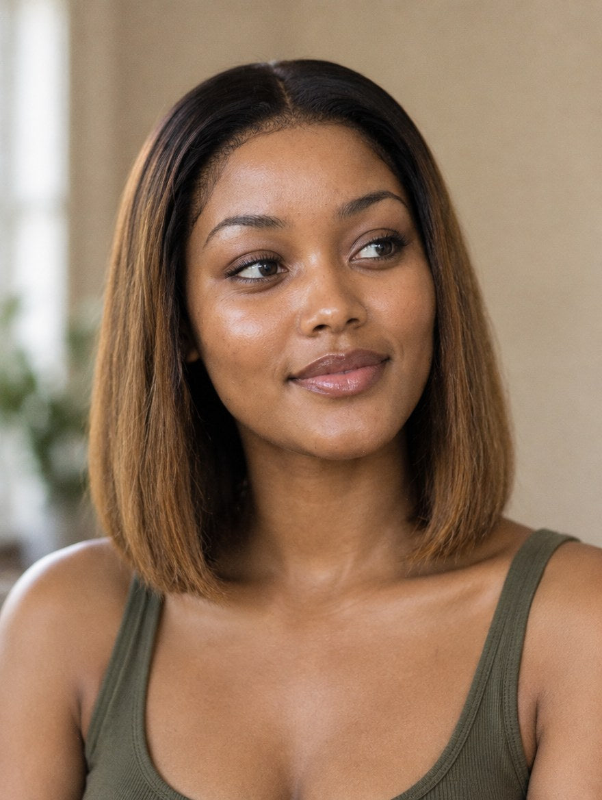 Brown Ombre Straight Bob 13x4 Lace Frontal Wig 10" worn by a model