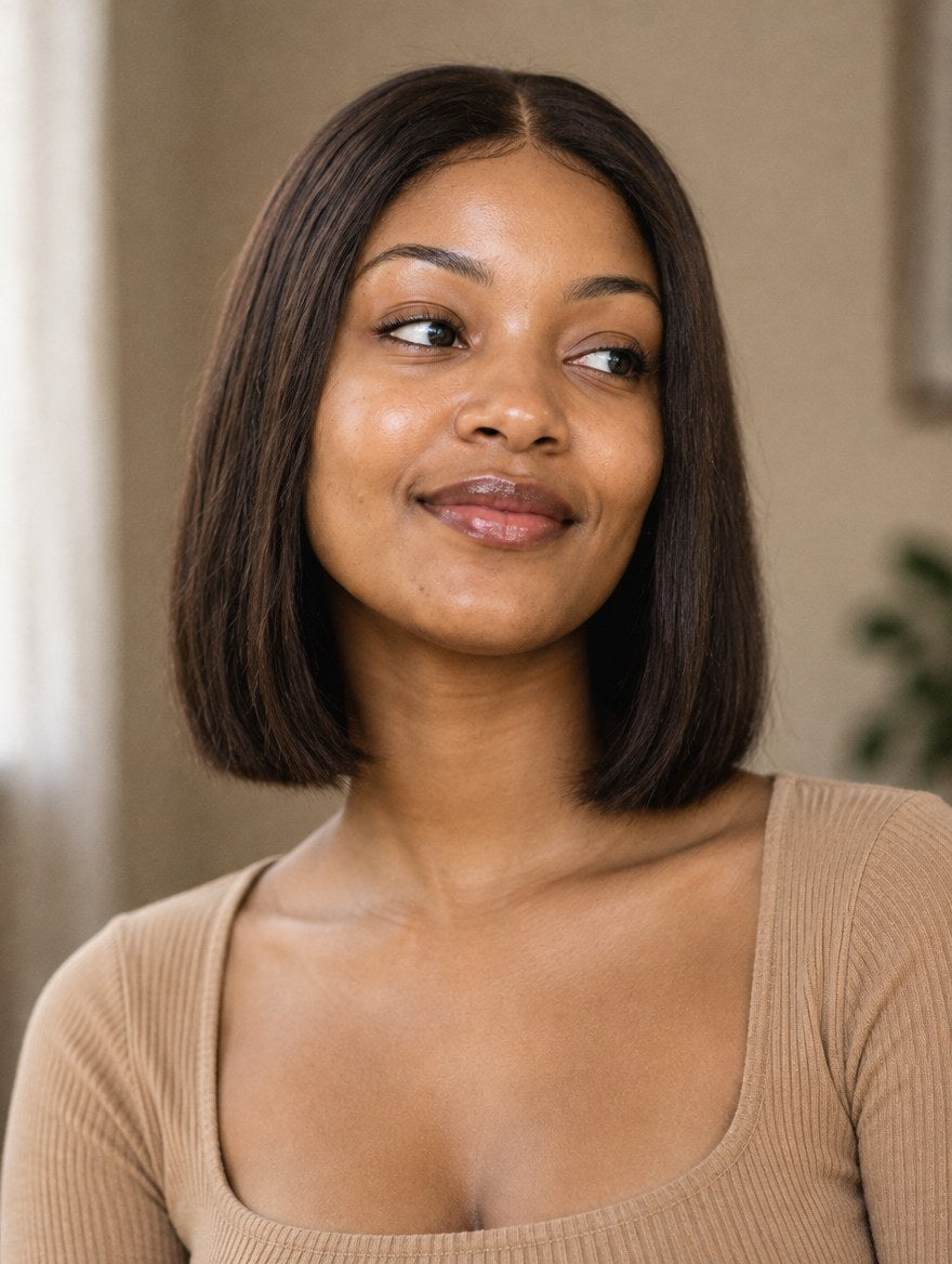 Chocolate Brown Straight Bob 13x4 Lace Frontal Wig 8" worn by a model