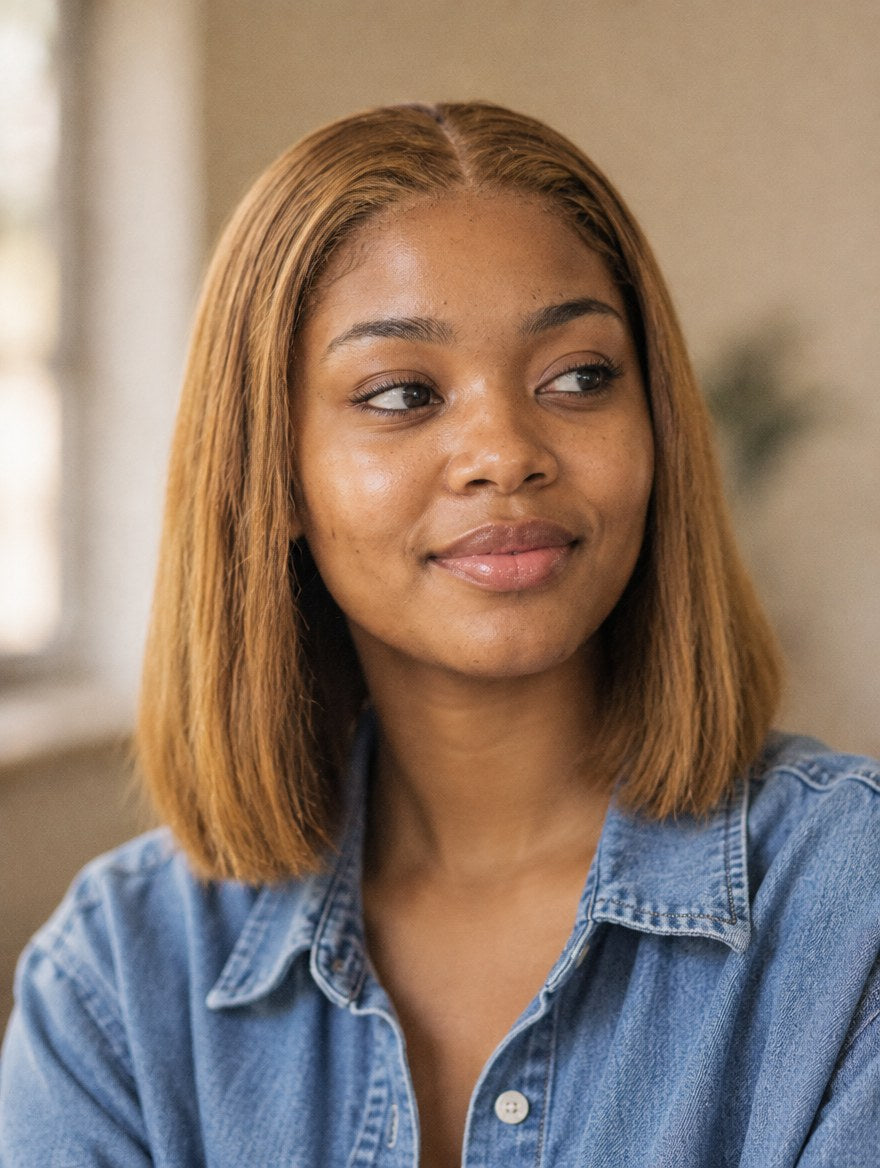 Honey Brown Straight Bob 13x4 Lace Frontal Wig 10" worn by a model