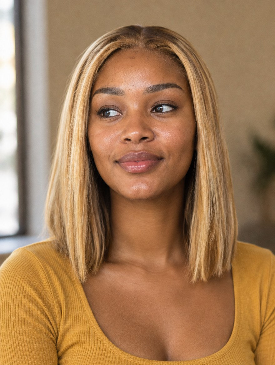 Honey Blonde Highlight Straight Bob 13x4 Lace Frontal Wig 10" worn by a model