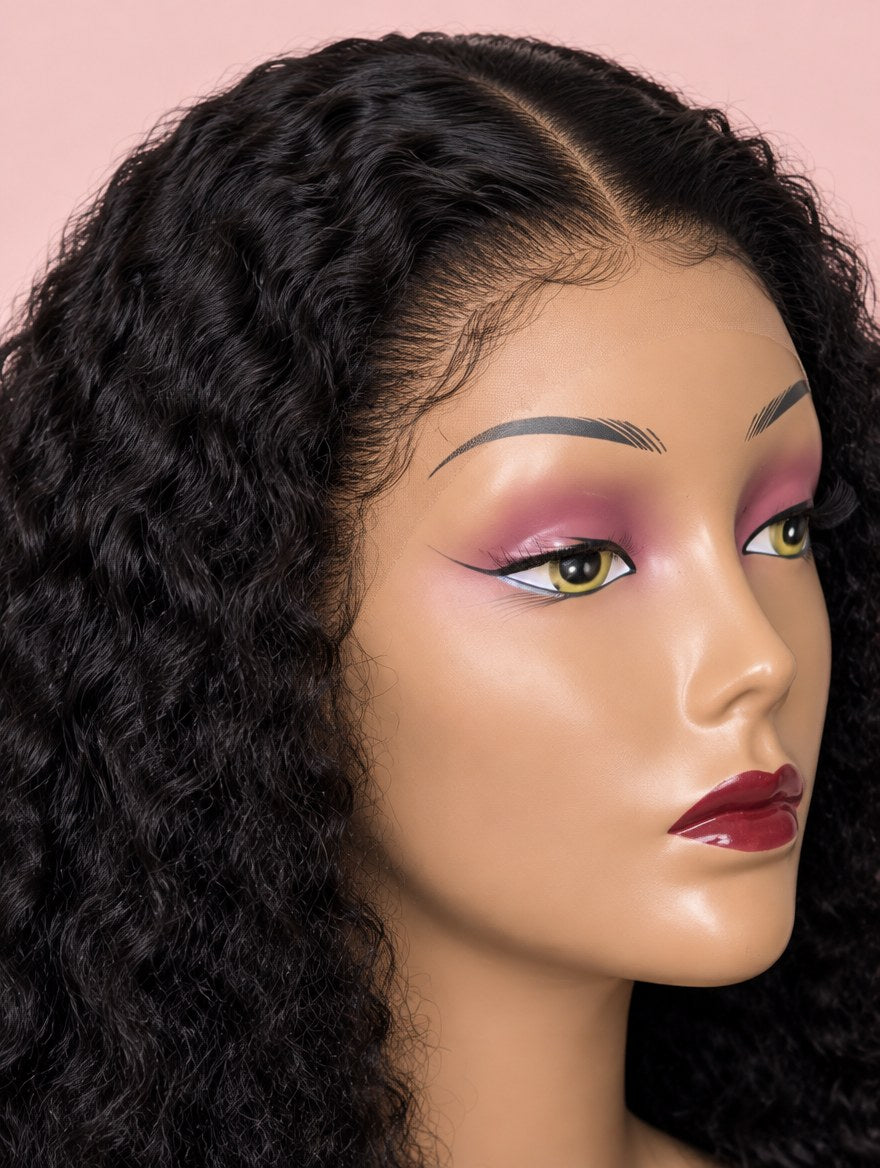 Super Double Drawn Natural Black Curly 13x4 Lace Frontal Wig 20" lace and hairline close-up