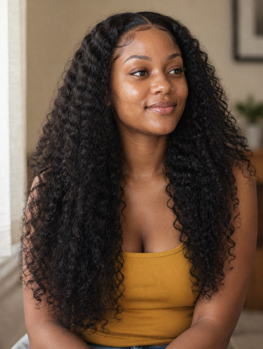 Super Double Drawn Natural Black Curly 13x4 Lace Frontal Wig 20" worn by a model