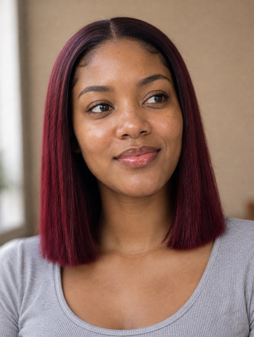 Burgundy 99J Straight Bob 13x4 Lace Frontal Wig 10" worn by a model