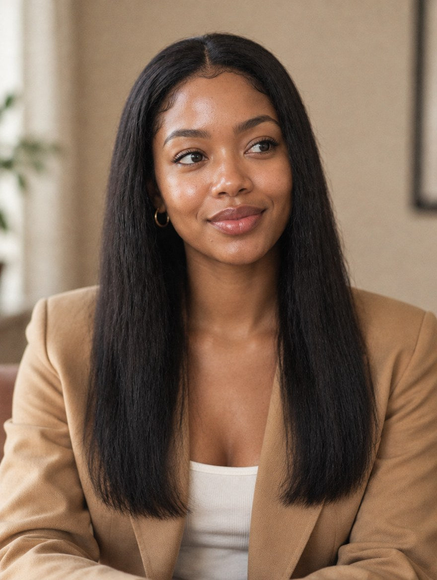 Natural Black Straight 13x4 Lace Frontal Wig 16" worn by a model