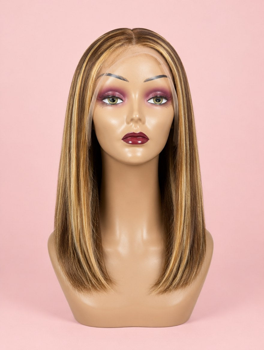 Honey Blonde Highlight Straight 13x4 Lace Frontal Wig 14"