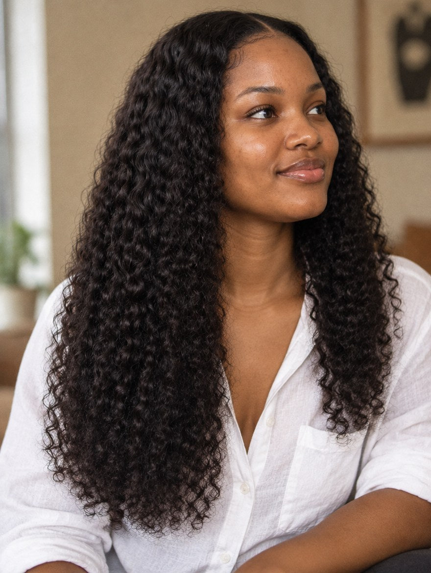 Super Double Drawn Natural Black Diamond Curl 13x4 Lace Frontal Wig 20" worn by a model