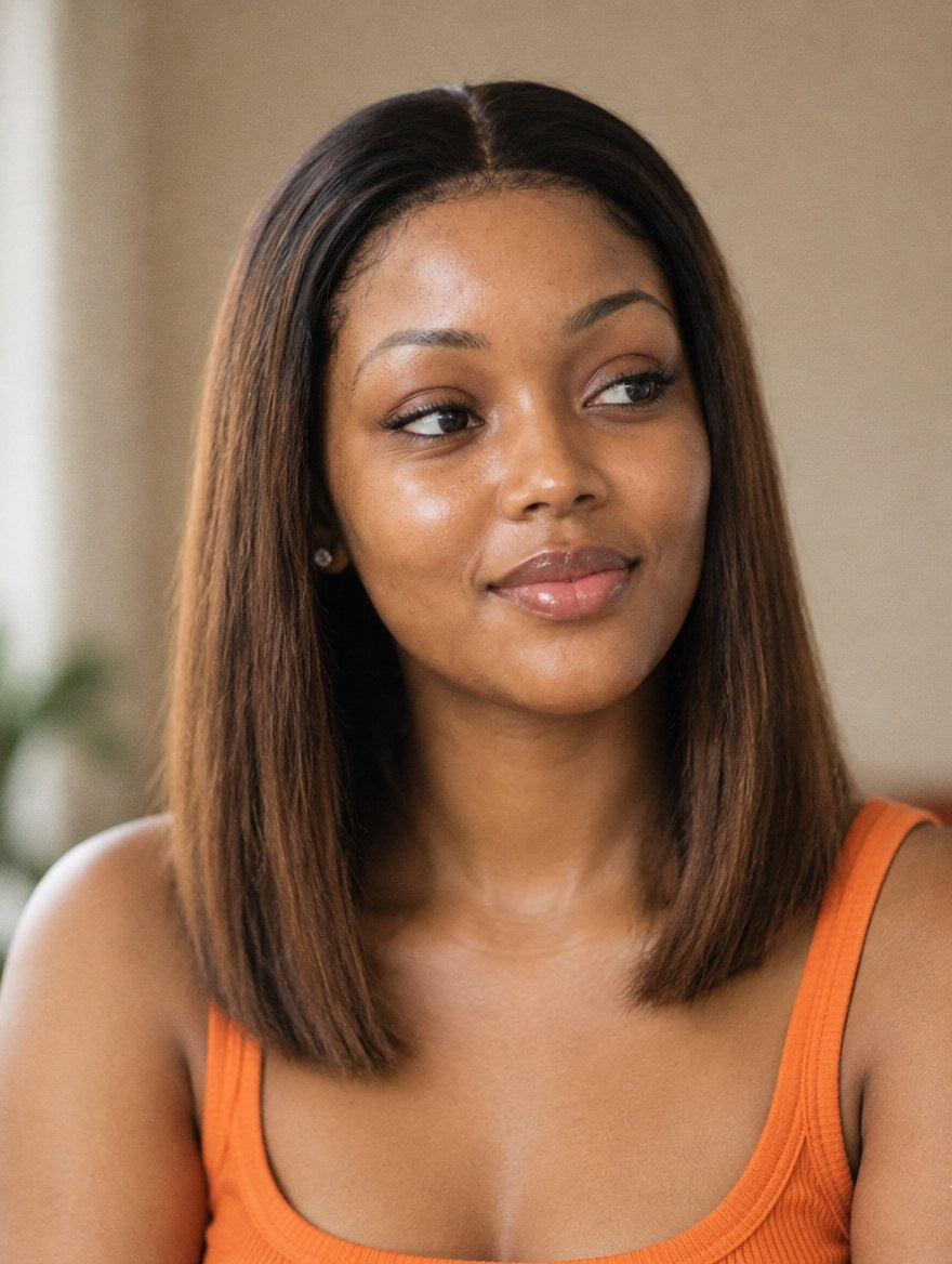 Brown Ombre Straight 13x4 Lace Frontal Wig 12" worn by a model