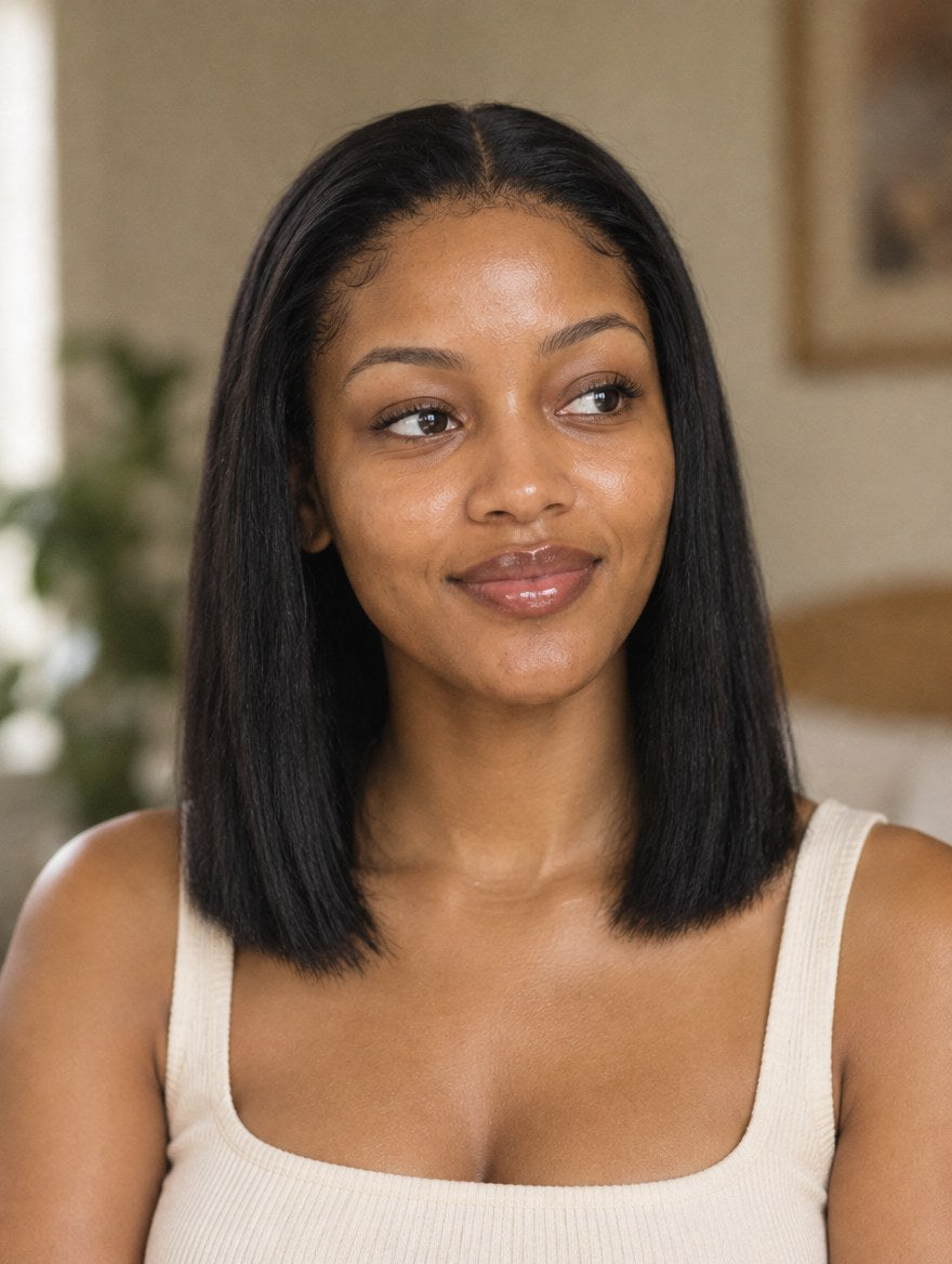 Natural Black Straight Bob 13x4 Lace Frontal Wig 14" worn by a model