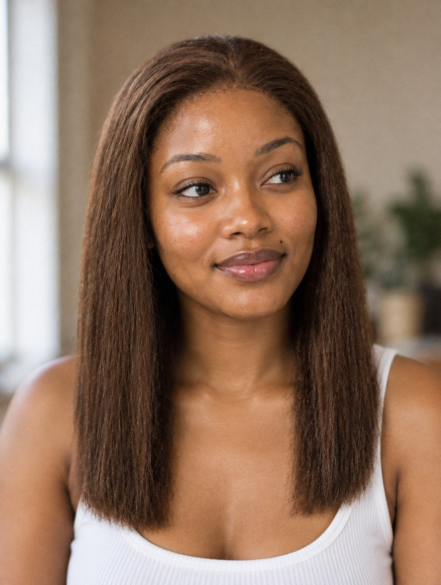 Dark Brown Straight 13x4 Lace Frontal Wig 12" worn by a model