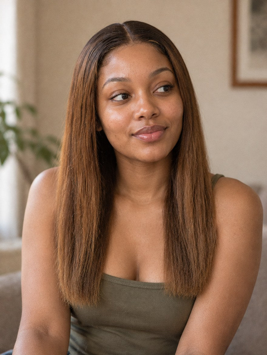 Brown Ombre Straight 13x4 Lace Frontal Wig worn by a model
