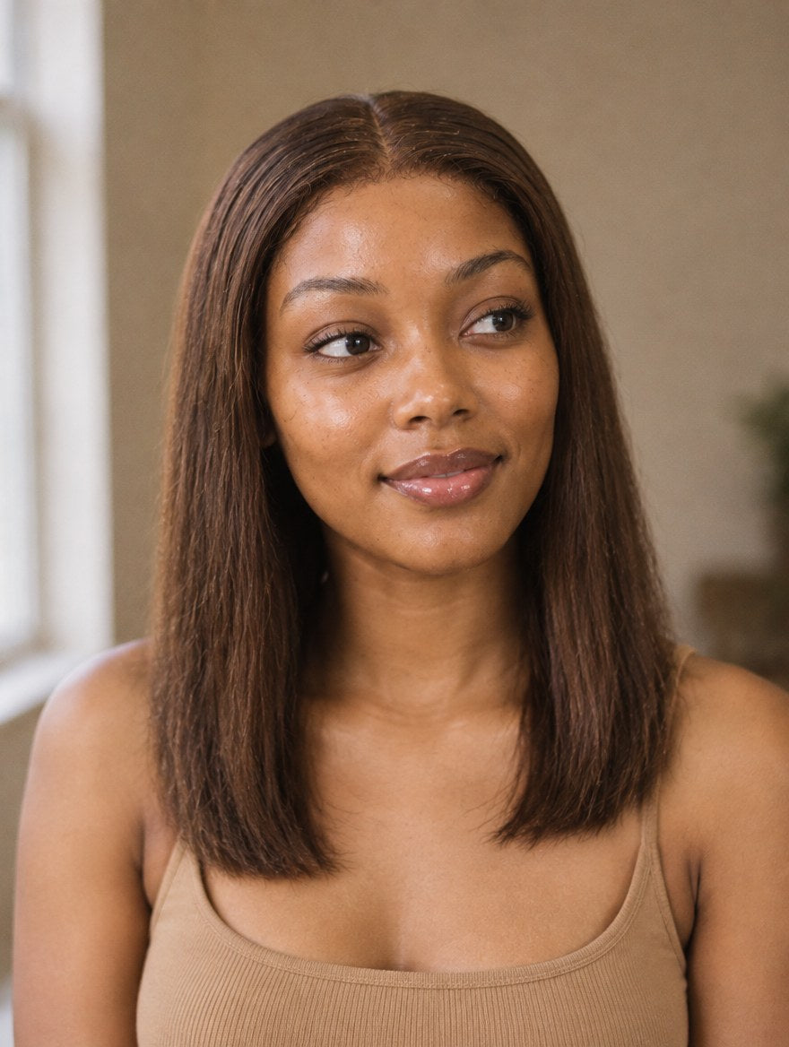 Chocolate Brown Straight 13x4 Lace Frontal Wig 12" worn by a model