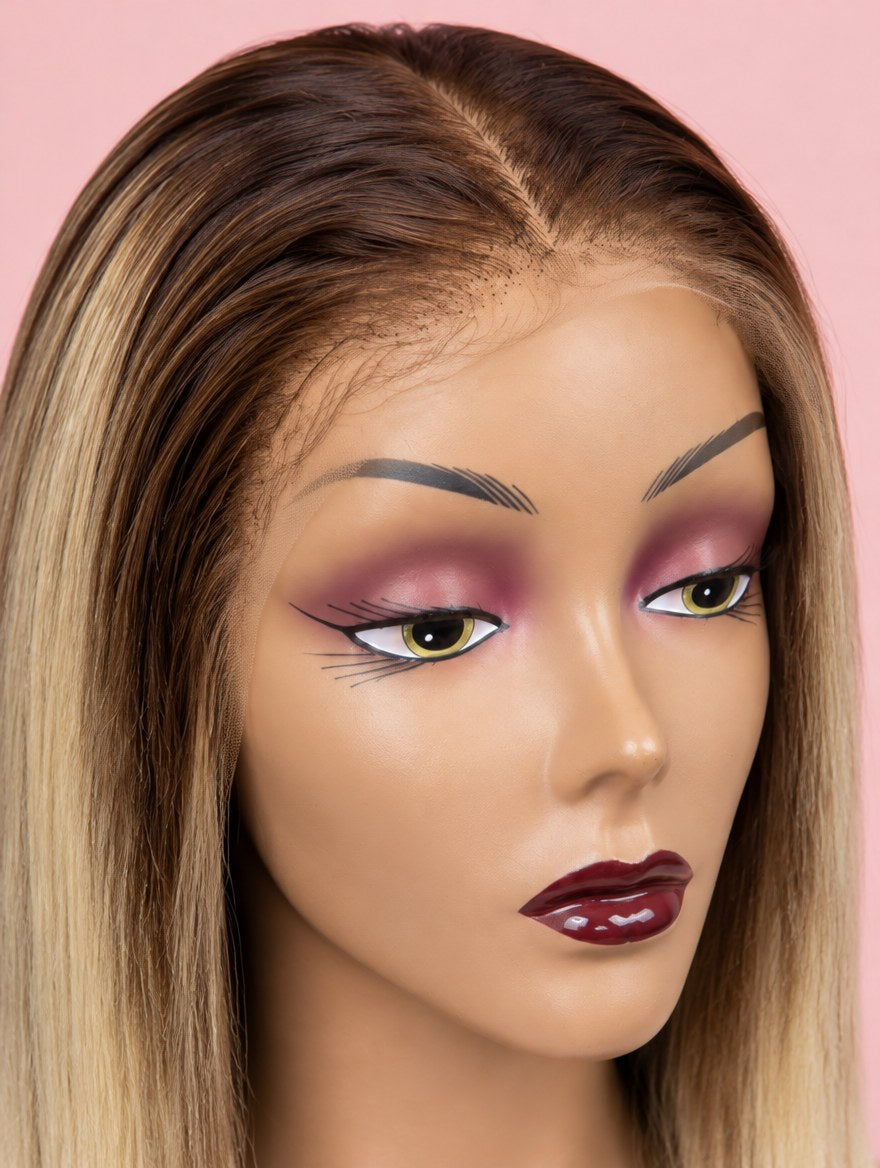 Ash Blonde Ombre Straight 13x4 Lace Frontal Wig lace and hairline close-up