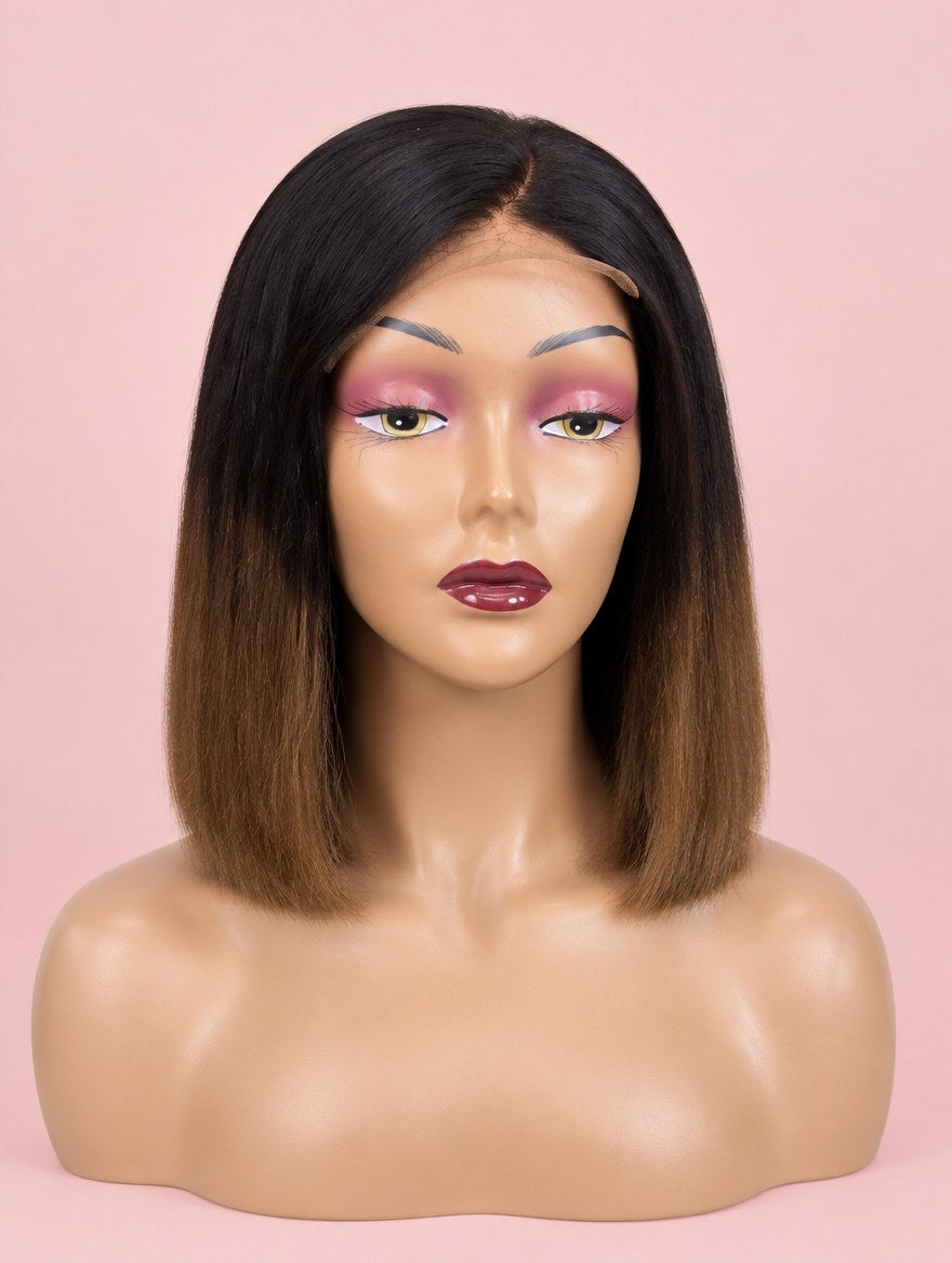 Super Double Drawn Vietnamese Brown Ombre Straight Bob C-Part 5x5 Closure Wig 10"