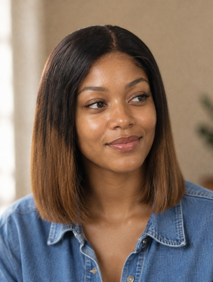 Super Double Drawn Vietnamese Brown Ombre Straight Bob C-Part 5x5 Closure Wig 10" worn by a model