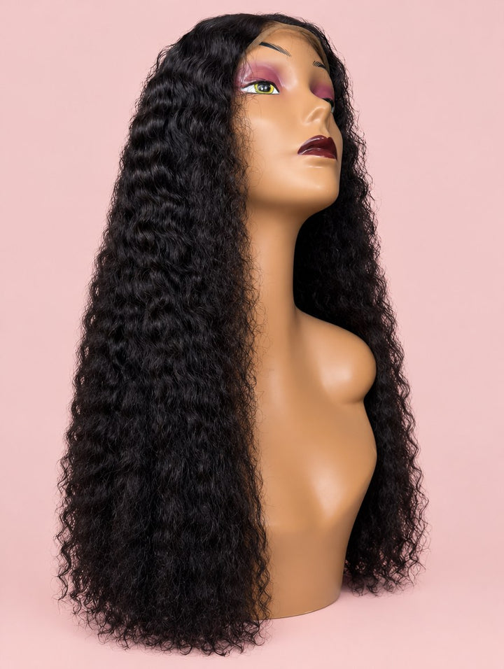 Super Double Drawn Natural Black Curly 13x4 Lace Frontal Wig 20"