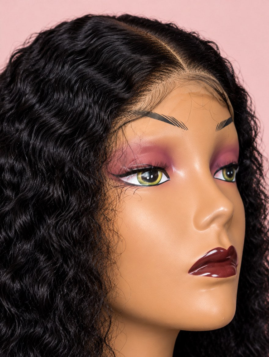 Super Double Drawn Natural Black Curly 13x4 Lace Frontal Wig 20" lace and hairline close-up
