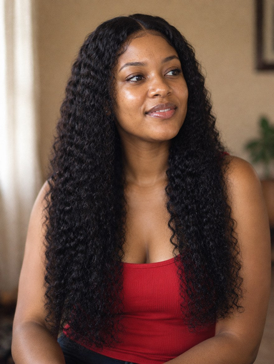 Super Double Drawn Natural Black Curly 13x4 Lace Frontal Wig 20" worn by a model