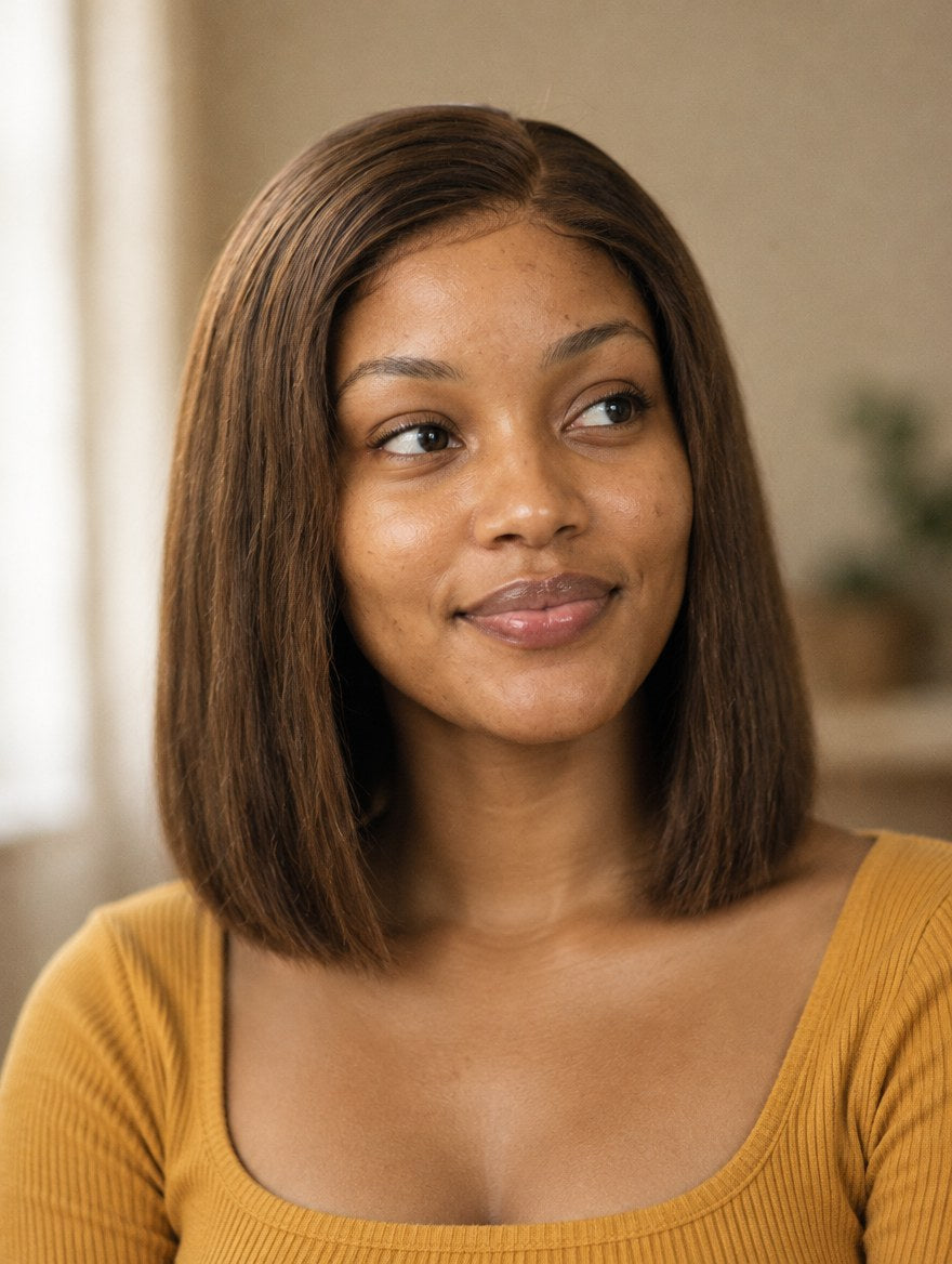 Super Double Drawn Vietnamese Chocolate Brown Straight Bob C-Part 5x5 Closure Wig 10" worn by a model