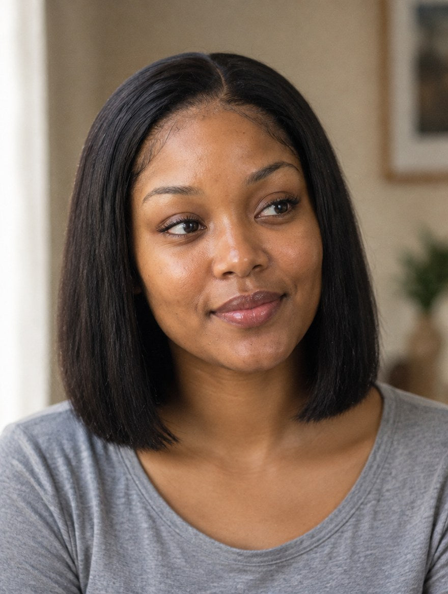 Super Double Drawn Vietnamese Natural Black Straight Bob C-Part 5x5 Closure Wig 10" worn by a model