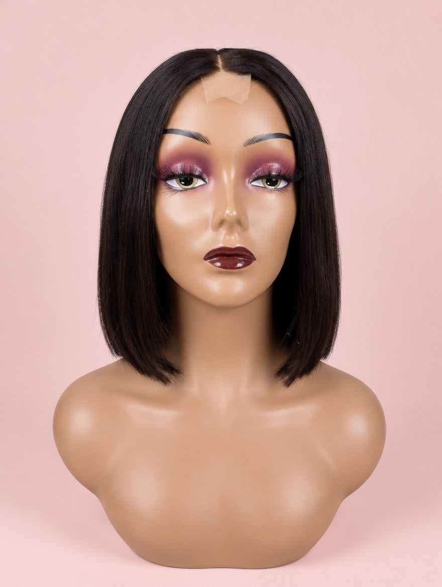 Super Double Drawn Natural Black Straight Bob 2x6 Lace Closure Wig 10"