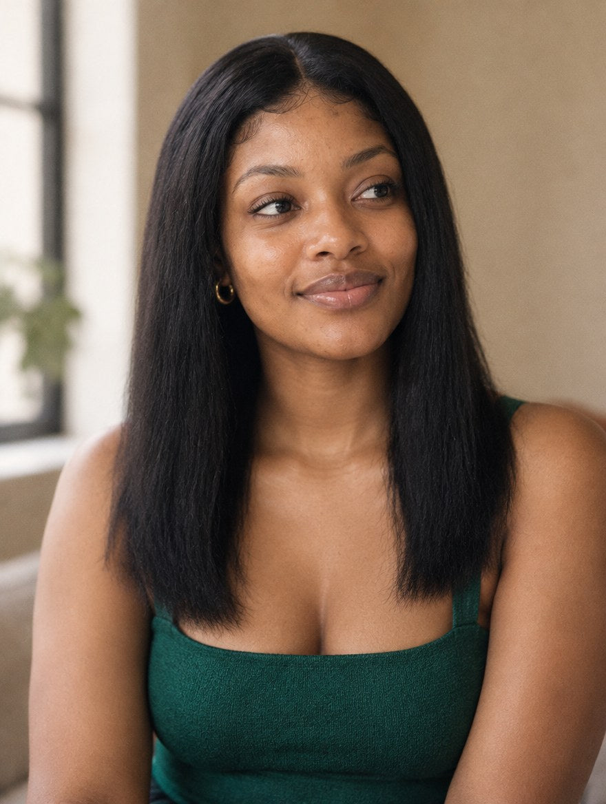 Natural Black Straight T-Part Lace Wig 14" worn by a model