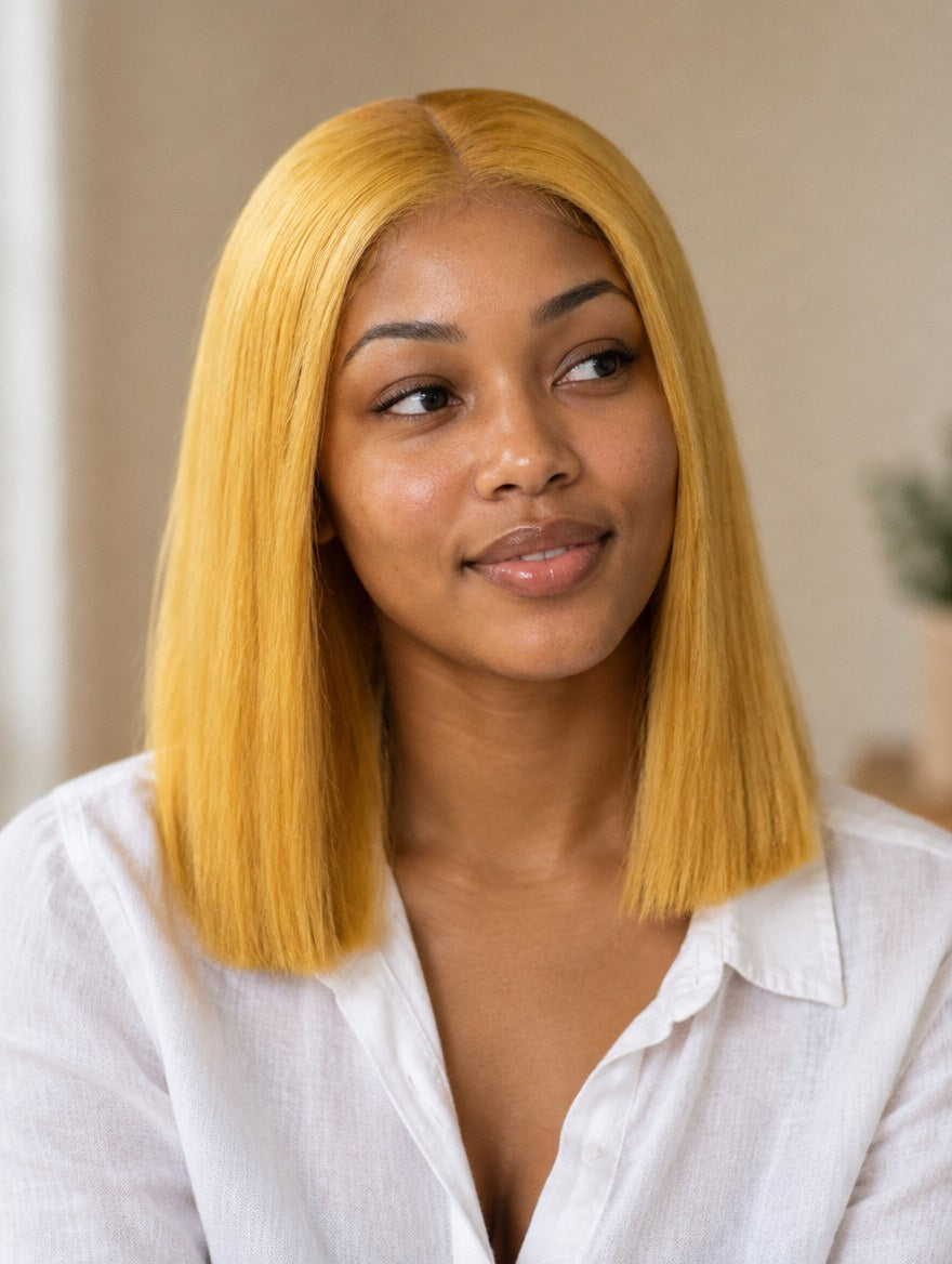 Super Double Drawn Golden Blonde Straight 13x4 Lace Frontal Wig 12" worn by a model