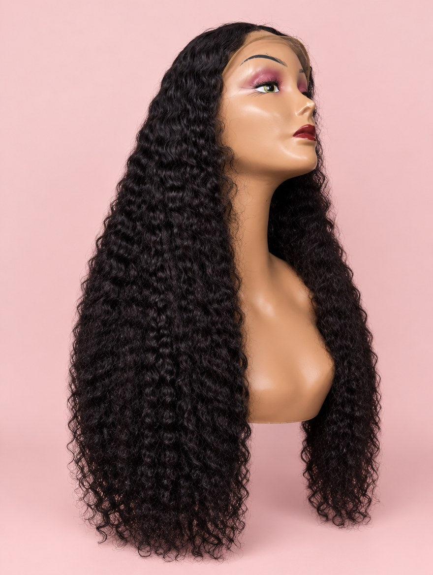 Super Double Drawn Natural Black Pixie Curl 13x4 Lace Frontal Wig 26"