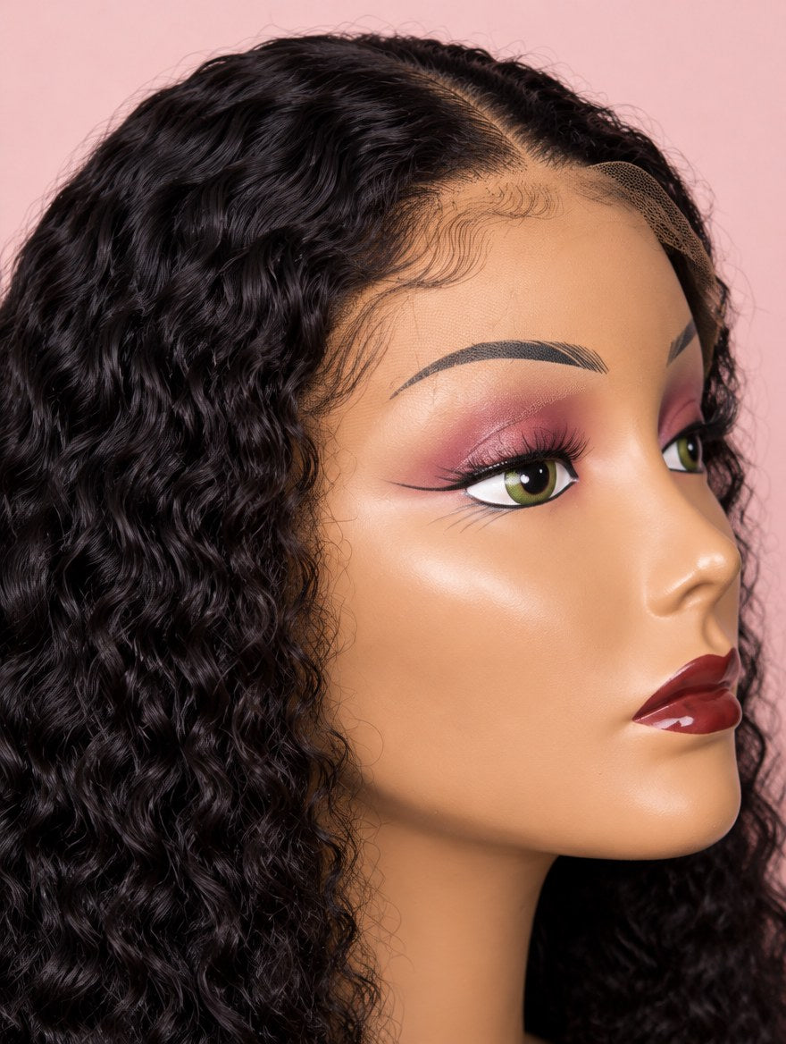 Super Double Drawn Natural Black Pixie Curl 13x4 Lace Frontal Wig 26" lace and hairline close-up
