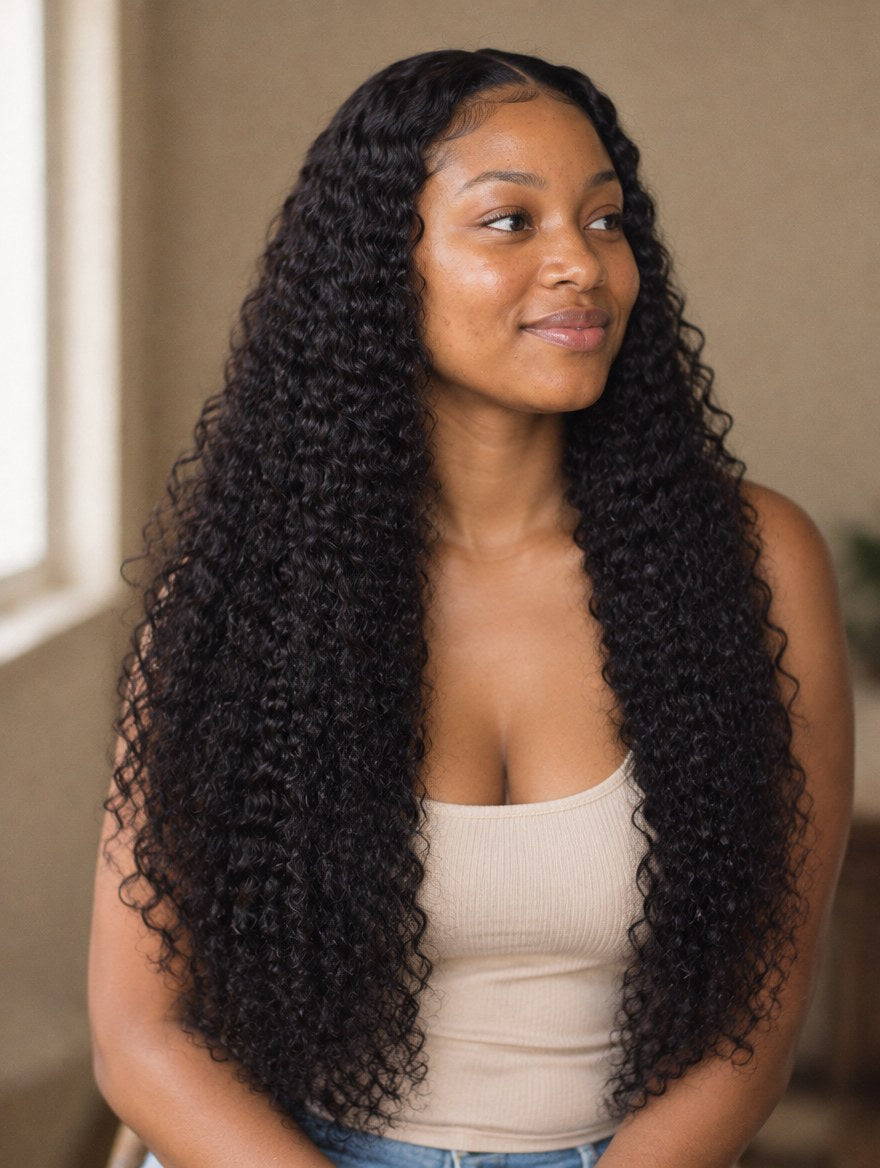 Super Double Drawn Natural Black Pixie Curl 13x4 Lace Frontal Wig 26" worn by a model
