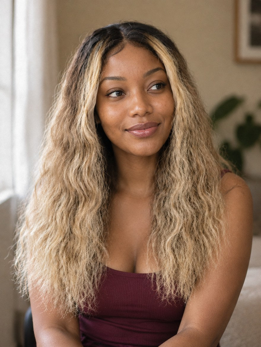 Ash Blonde Ombre Loose Wave 13x4 Lace Frontal Wig worn by a model