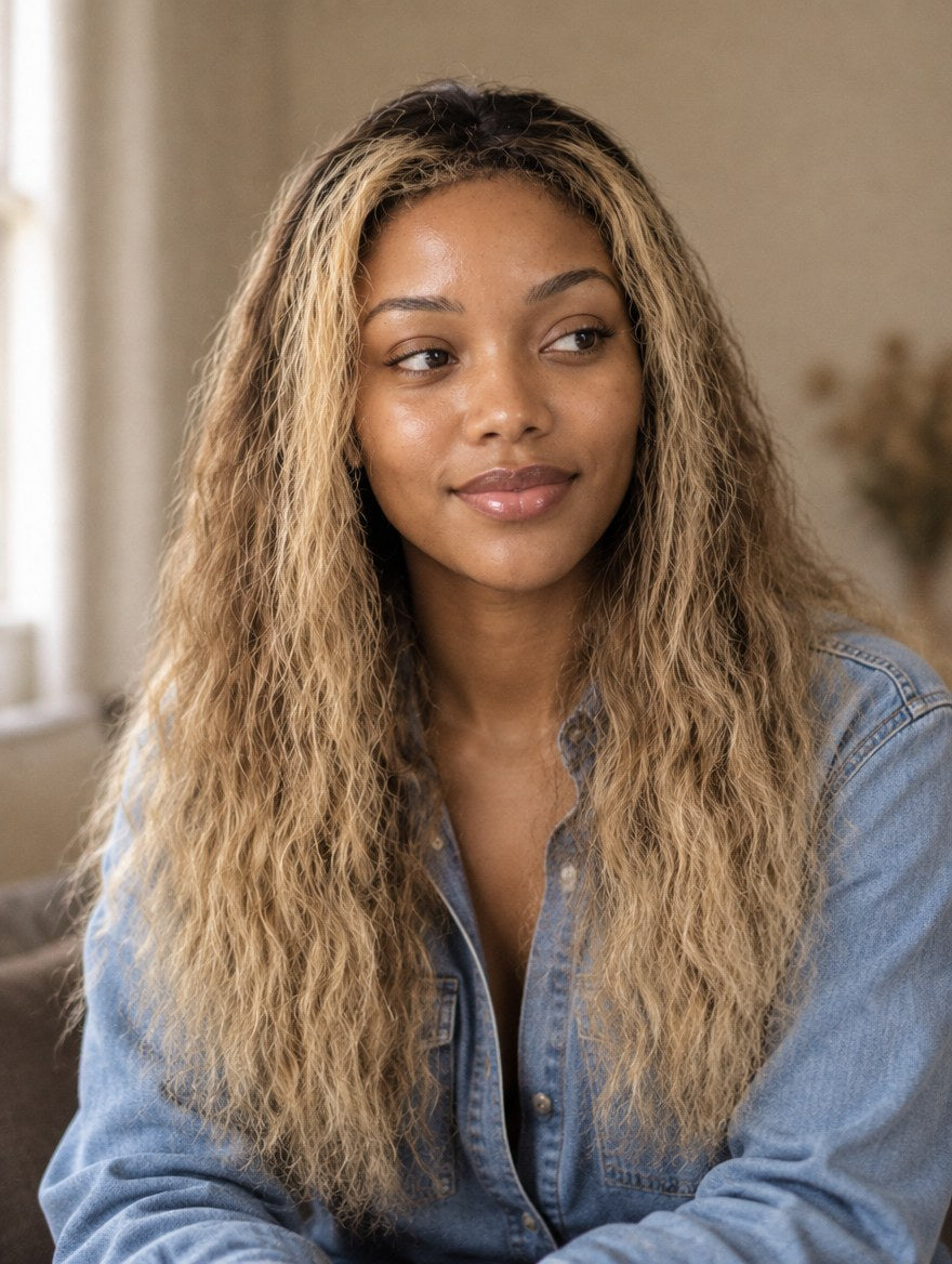 Ash Blonde Ombre Loose Wave 13x4 Lace Frontal Wig worn by a model