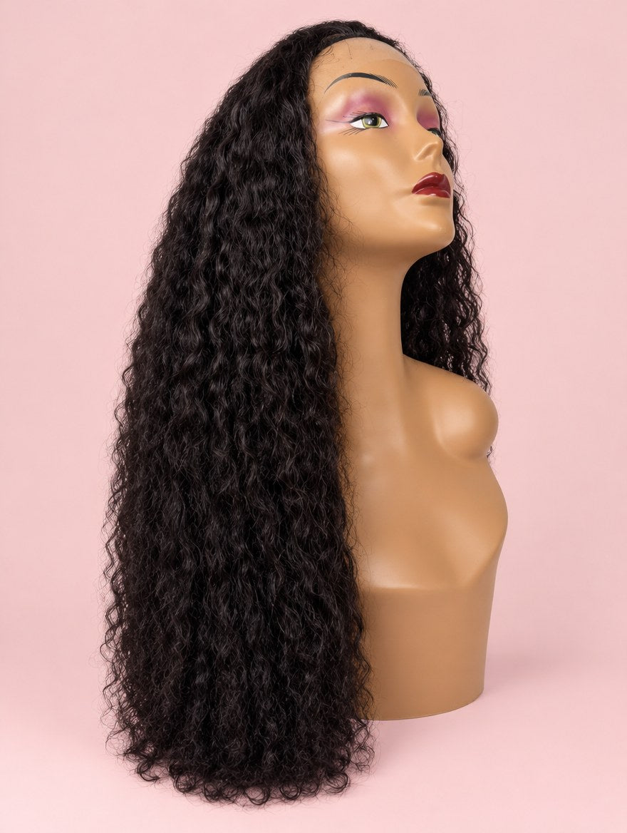 Super Double Drawn Natural Black Curly 13x4 Lace Frontal Wig 20" 26" front