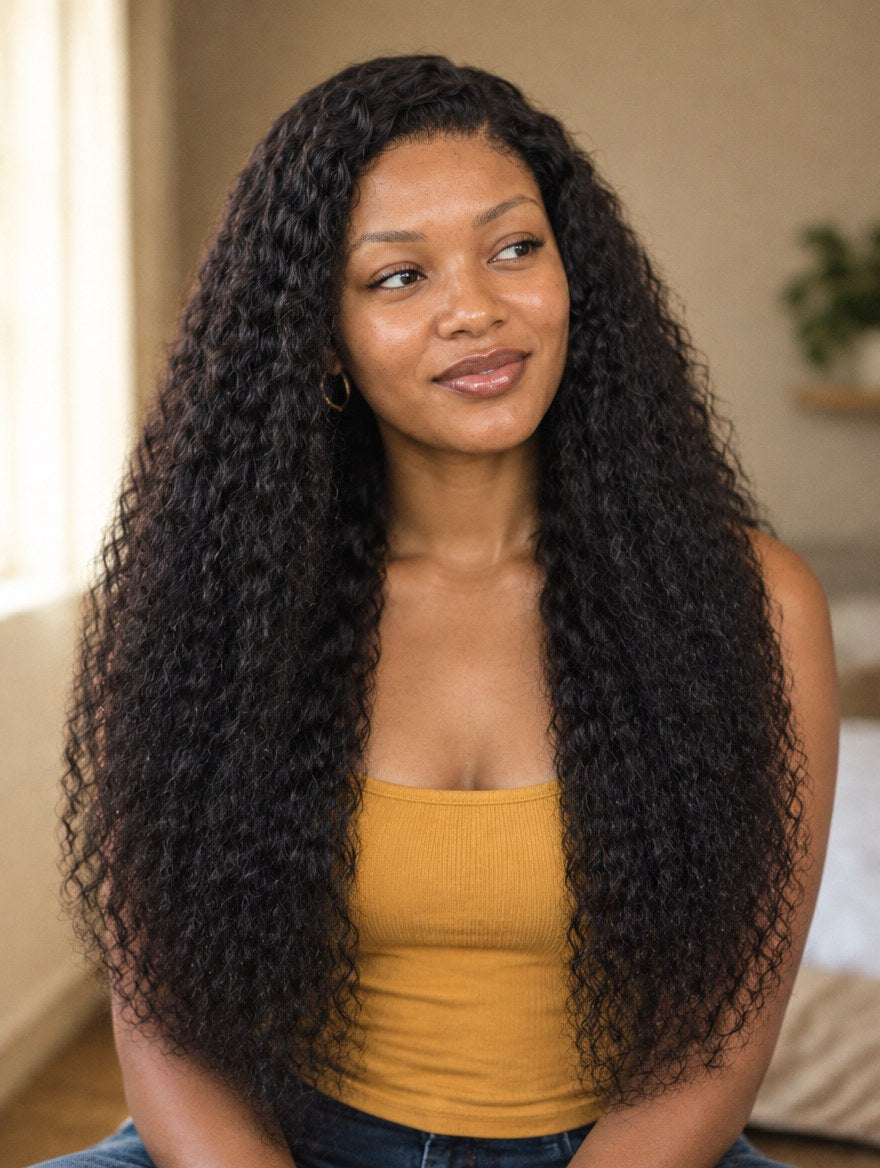 Natural Black Water Wave 13x4 Lace Frontal Wig 26" worn by a model