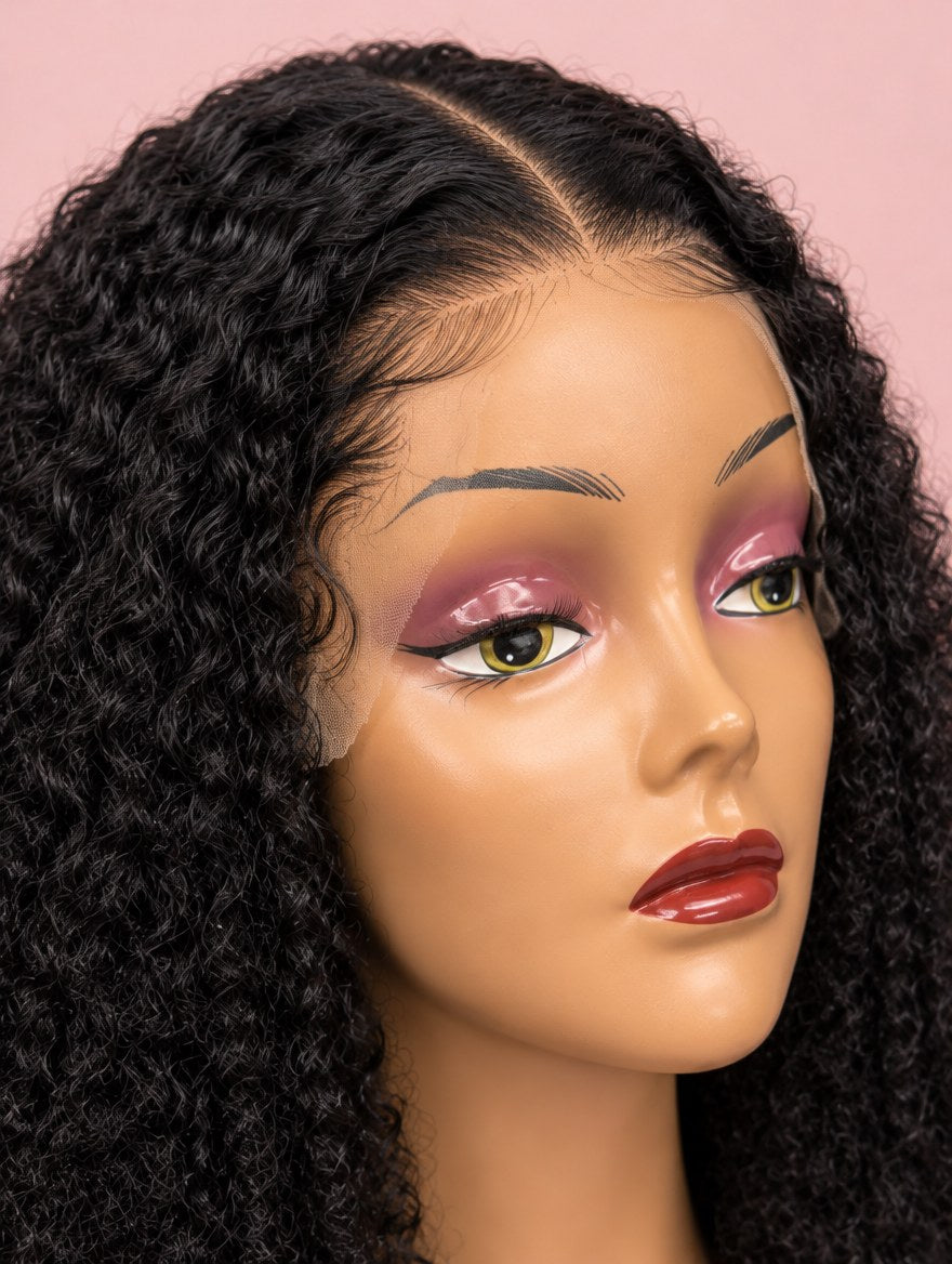 Super Double Drawn Vietnamese Natural Black Baby Curl 13x4 Lace Frontal Wig 18" lace and hairline close-up