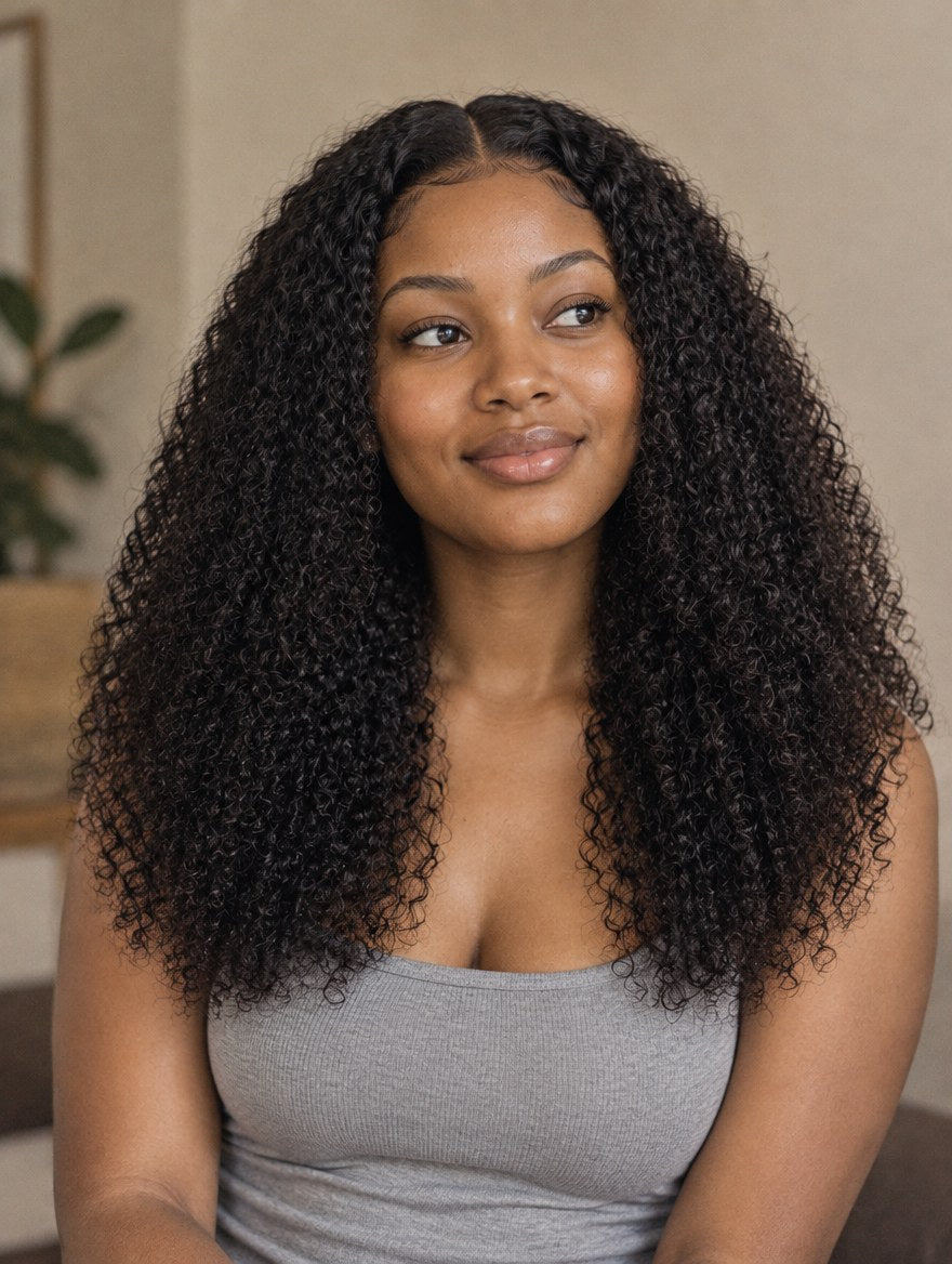 Super Double Drawn Vietnamese Natural Black Baby Curl 13x4 Lace Frontal Wig 18" worn by a model